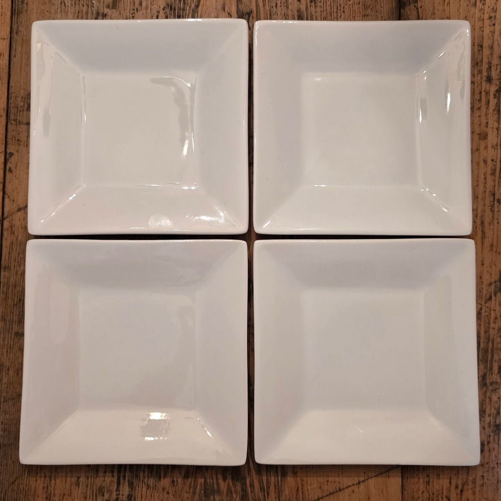 Crate & Barrel White Square 6.25in Porcelain Appetizer Plates Set of 4 Modern